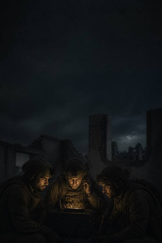 Three soldiers reading a lit field radio at night among ruins