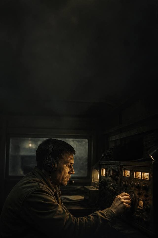 A radio operator speaking into a handset